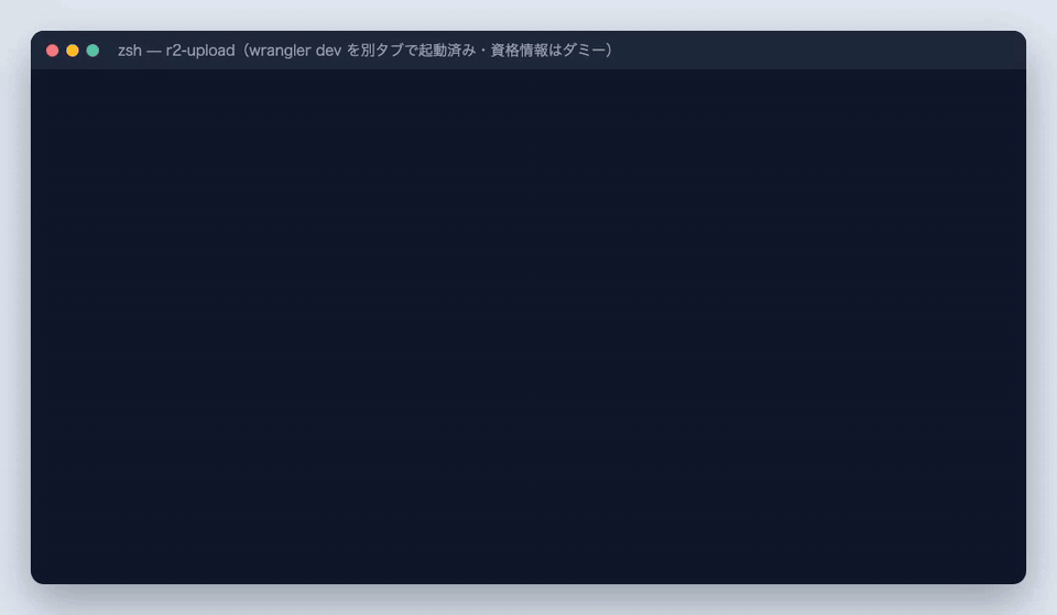 wrangler dev の Worker に curl で署名付き URL を発行させ、gif を拒否し、aws4fetch と AWS SDK の署名が一致することを確かめたターミナル